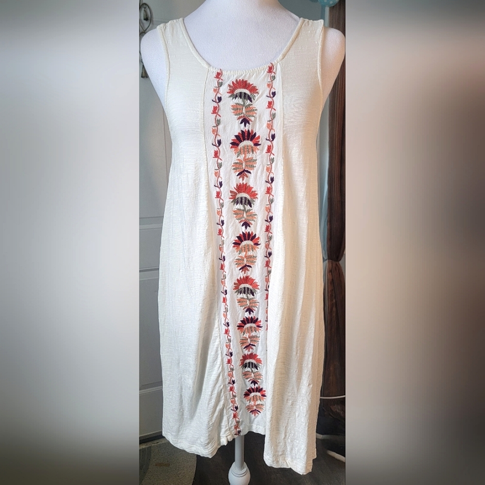 Roxy Mini Shift Dress Women's XS Cream Red Boho Floral Embroidery Flowy 100% Cot